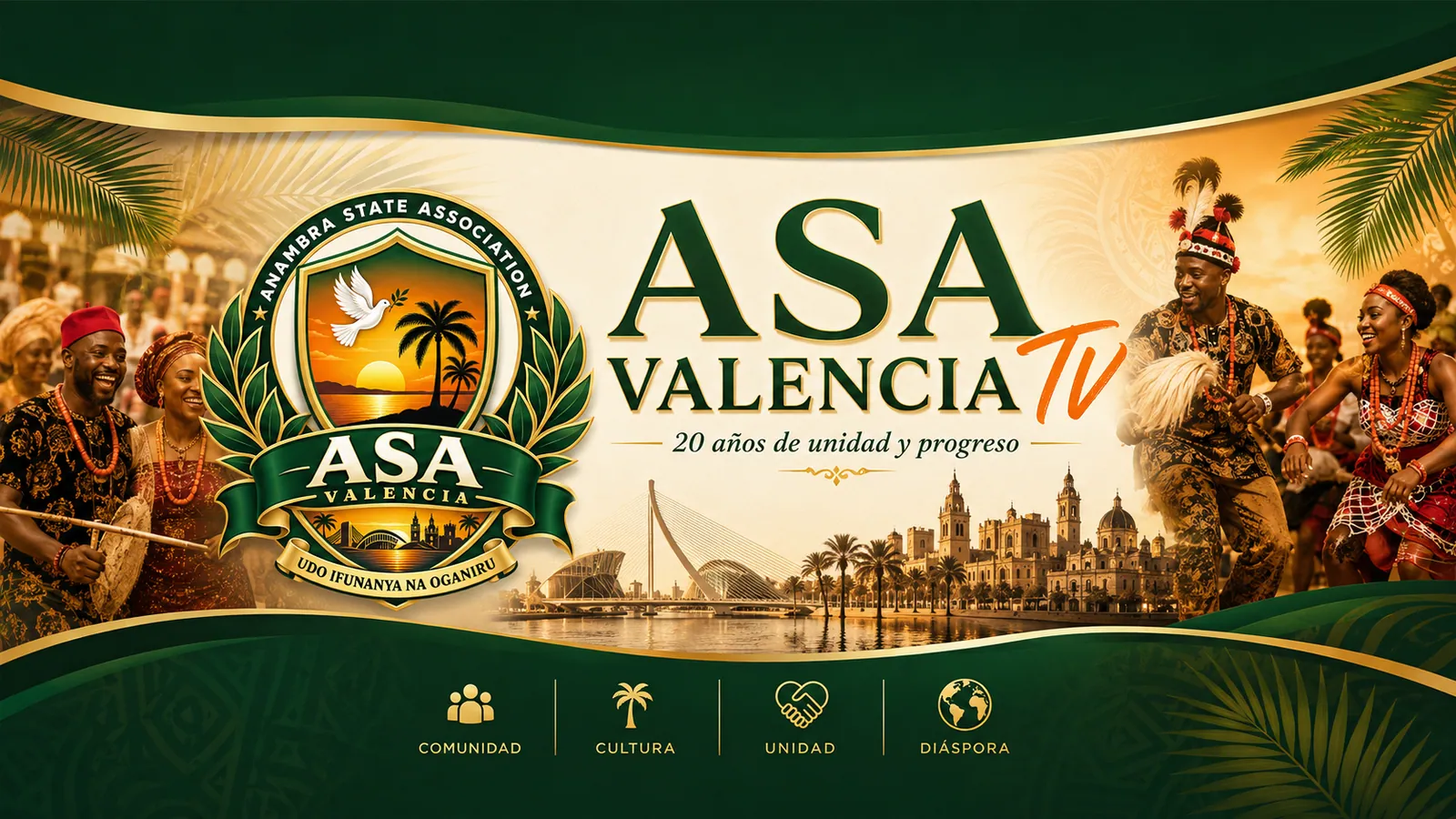 Cabecera del canal ASA Valencia TV: logotipo de la asociación, danza tradicional igbo y el skyline de Valencia