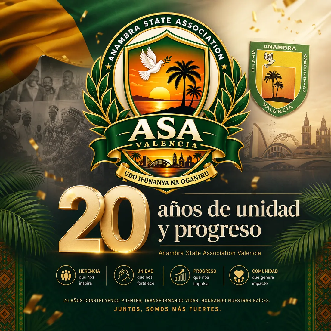 Pieza conmemorativa: 20 años de unidad y progreso — herencia, unidad, progreso y comunidad