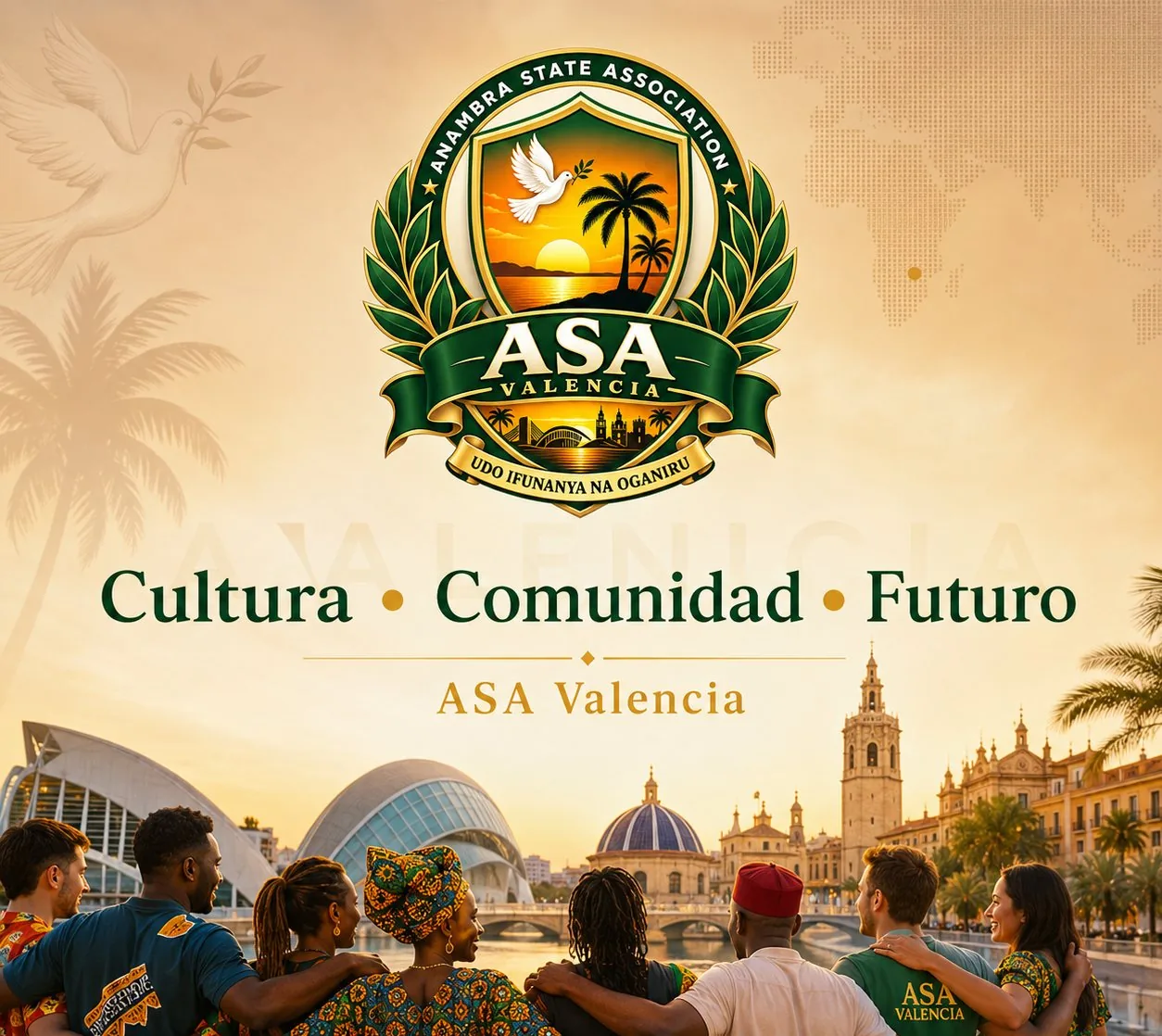 Cultura, Comunidad y Futuro: personas de la comunidad frente al skyline de Valencia bajo el logotipo de ASA Valencia